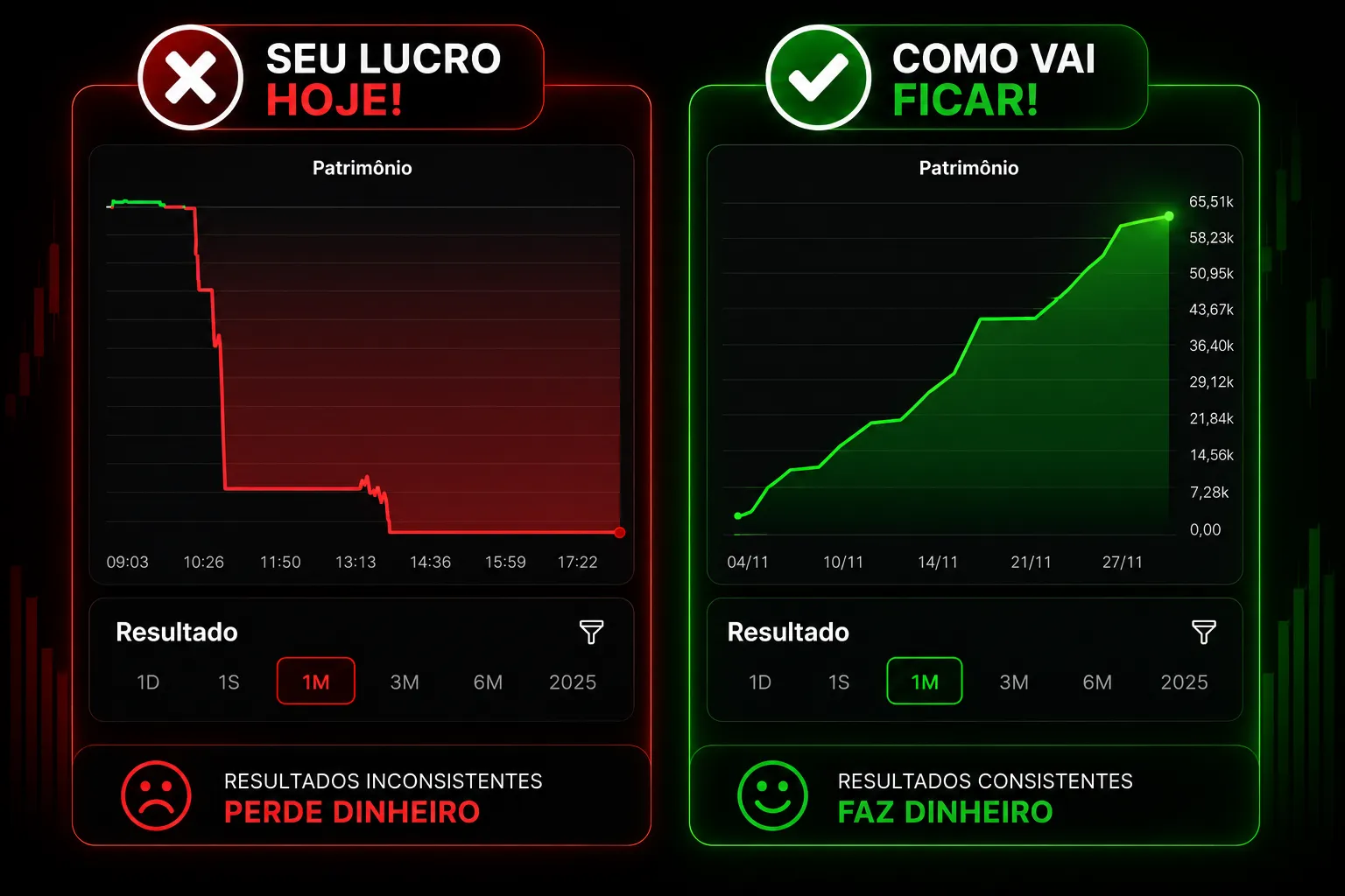 Comparativo entre operar sem método e operar com Volume Financeiro