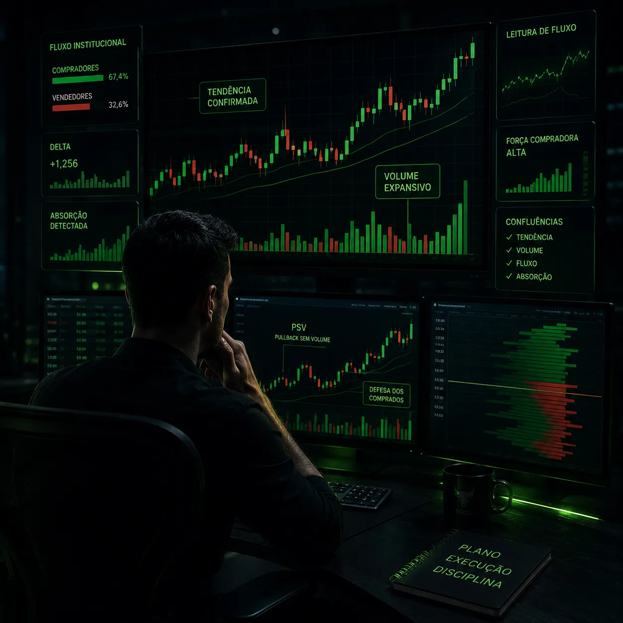 Trader analisando preço, volume e contexto antes da entrada
